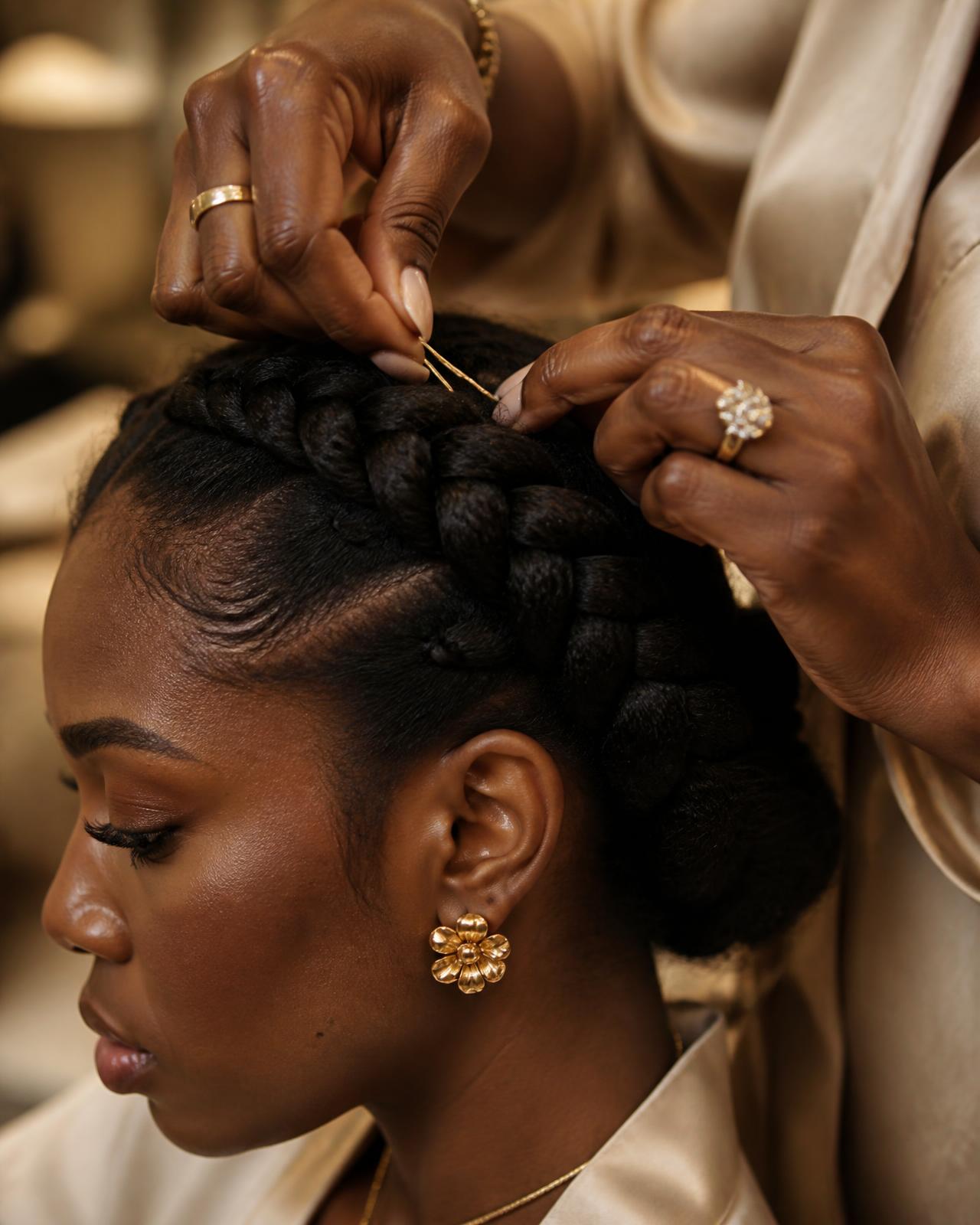Hands pinning a crown braid with gold pins