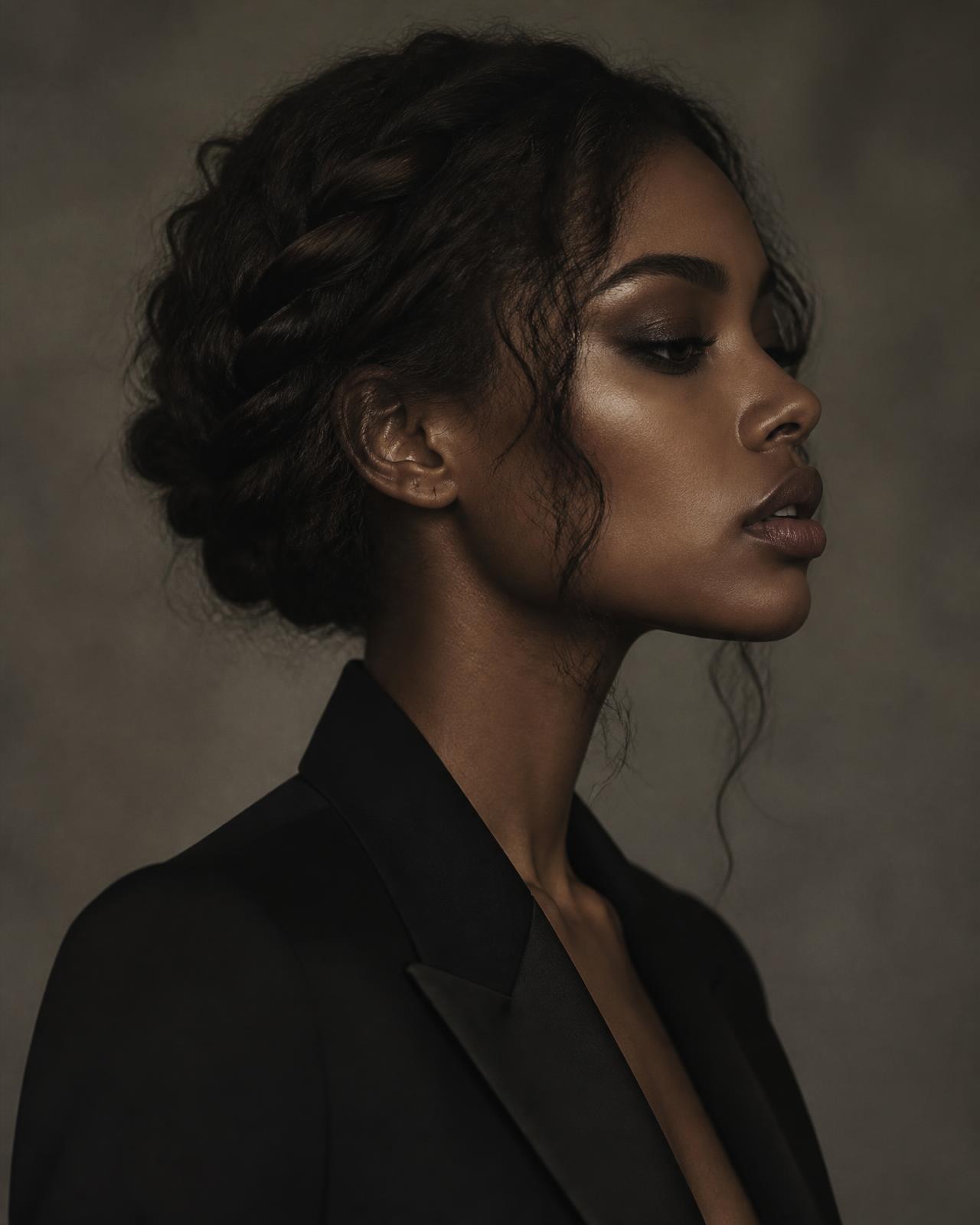 Romantic braided updo in profile under low editorial light