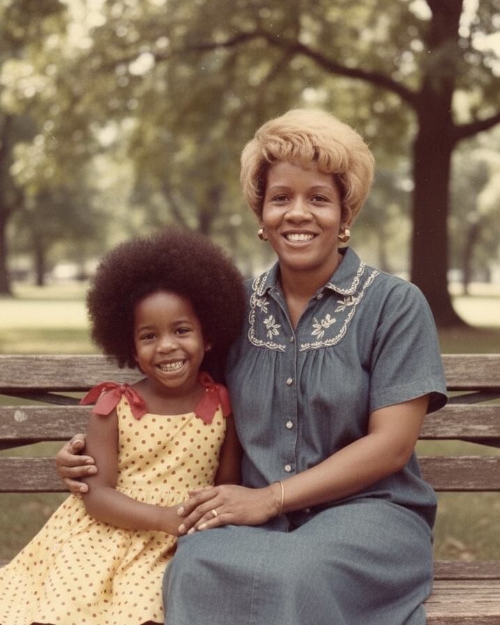 Mother and daughter on a park bench, family archive